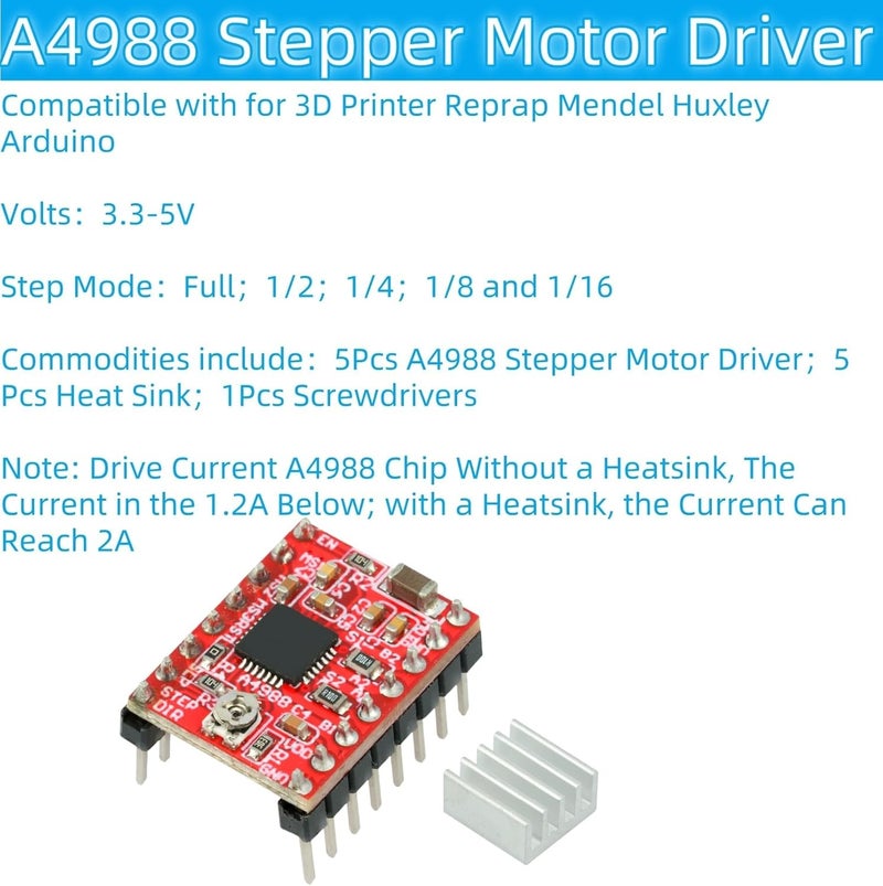 MTDELE 5Pcs A4988 Stepper Motor Driver Module Compatible with for 3D Printer Reprap Mendel Huxley Arduino with Heat Sink - Image 3